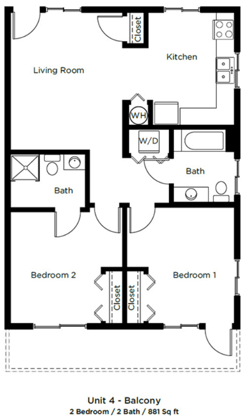 Floor plan for 2 beds, 2 baths, 881 sqft